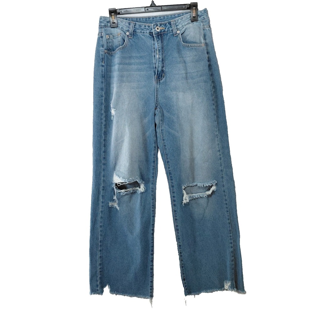 Shein Distressed Baggy Wide Leg Jeans W30 L32 Ripped Denim Raw Hem High Rise